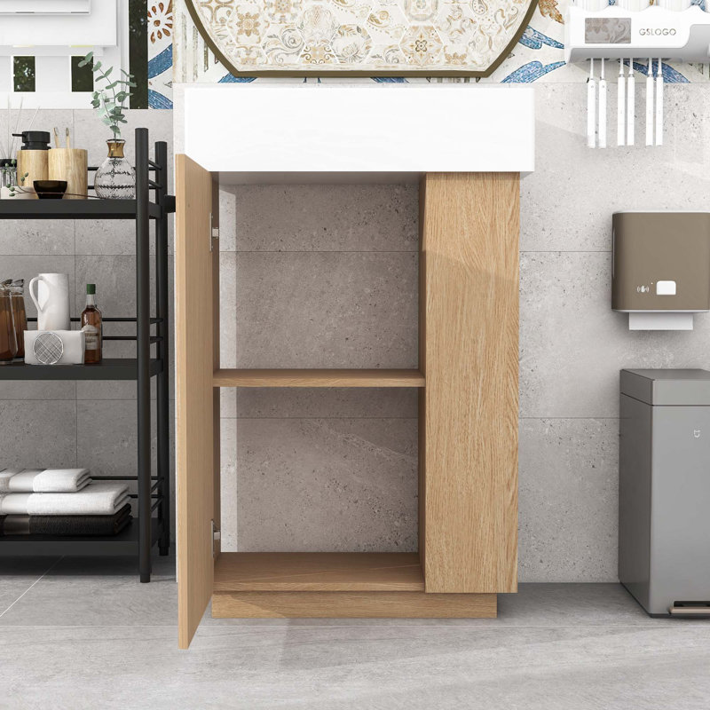 Meuble-lavabo de salle de bain avec lavabo en céramique, rangement ouvert et fermé et porte gauche à fermeture en douceur