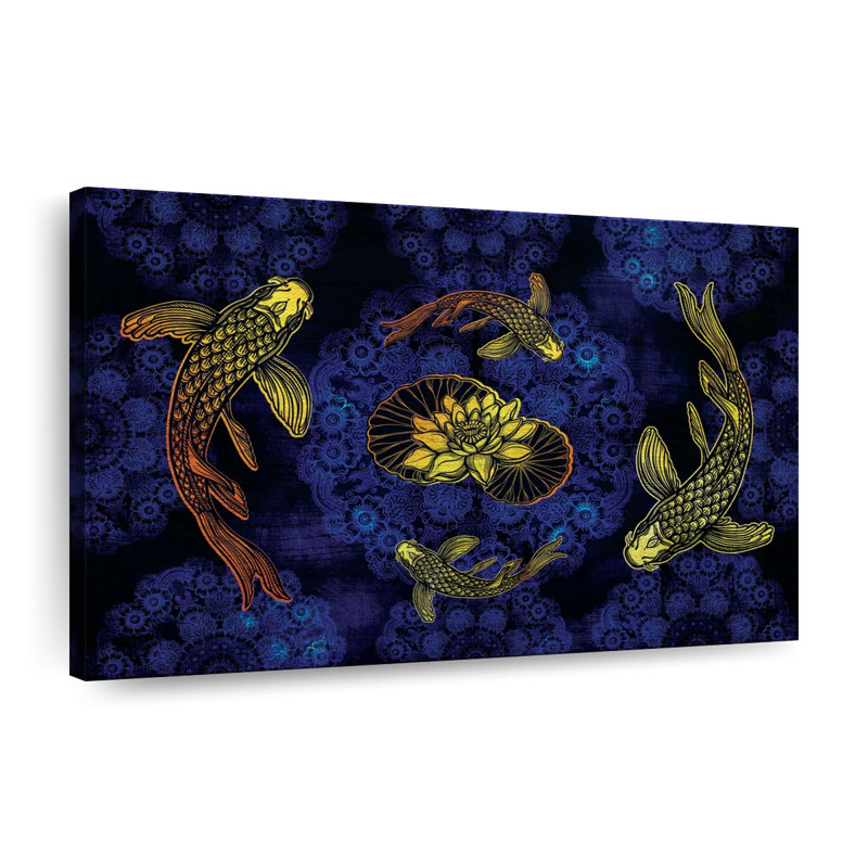 Lotus et koï doré sur toile, H 30 po x l 45 po x P 1,25 po