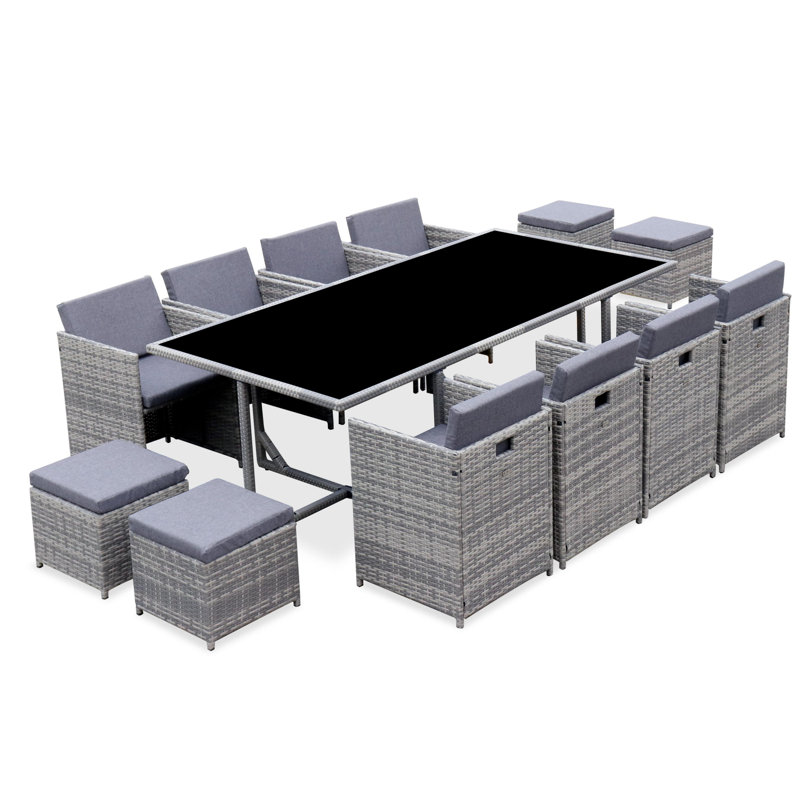 Herolinda 12 - Person Wicker Patio Dining Set with Rectangular Table , Cushions Included, Grey, Grey