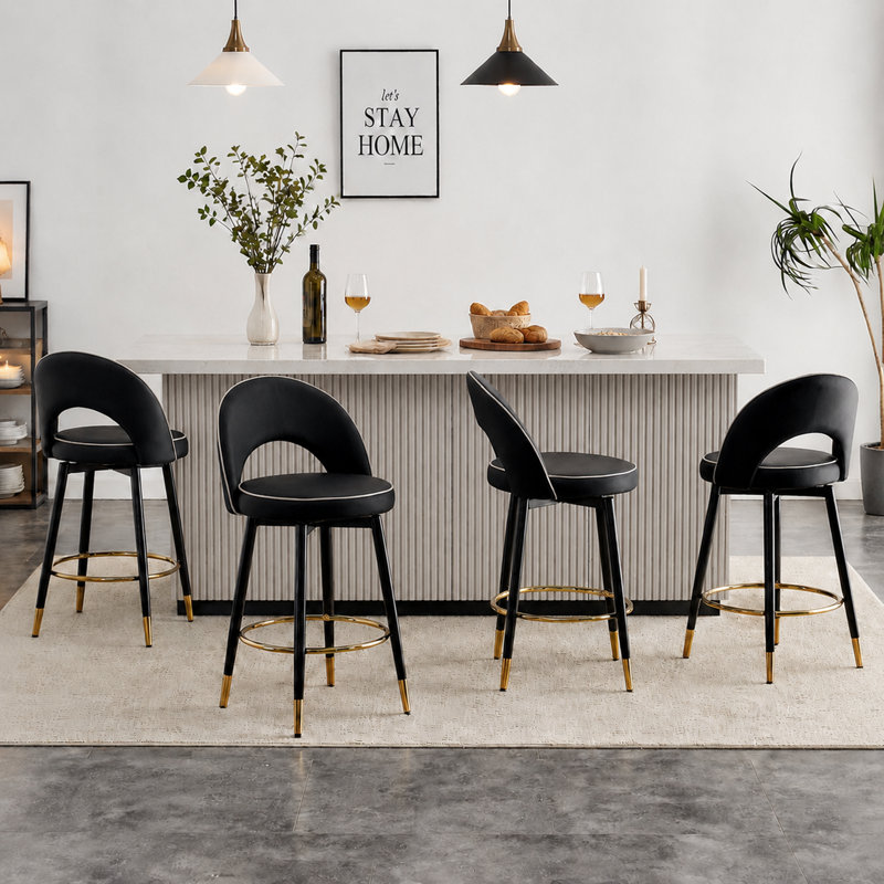 Tabourets de bar pivotants à 360° en cuir PU avec pieds et repose-pieds en métal noir, Noir