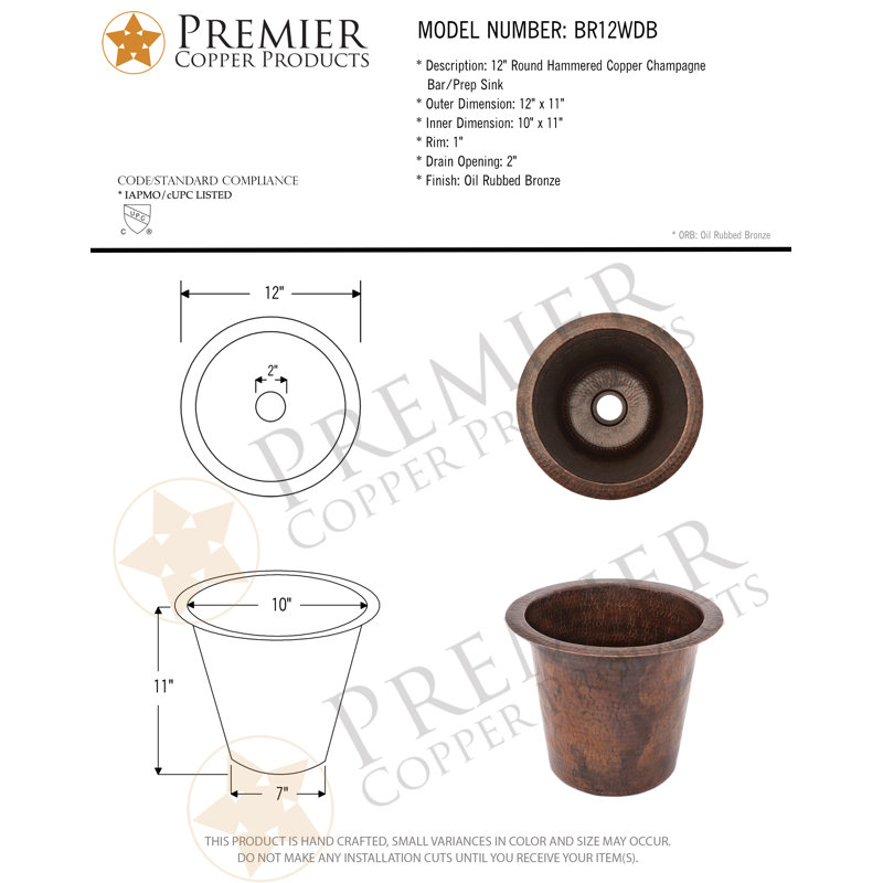 12" Round Hammered Copper Champagne Bar/Prep Sink