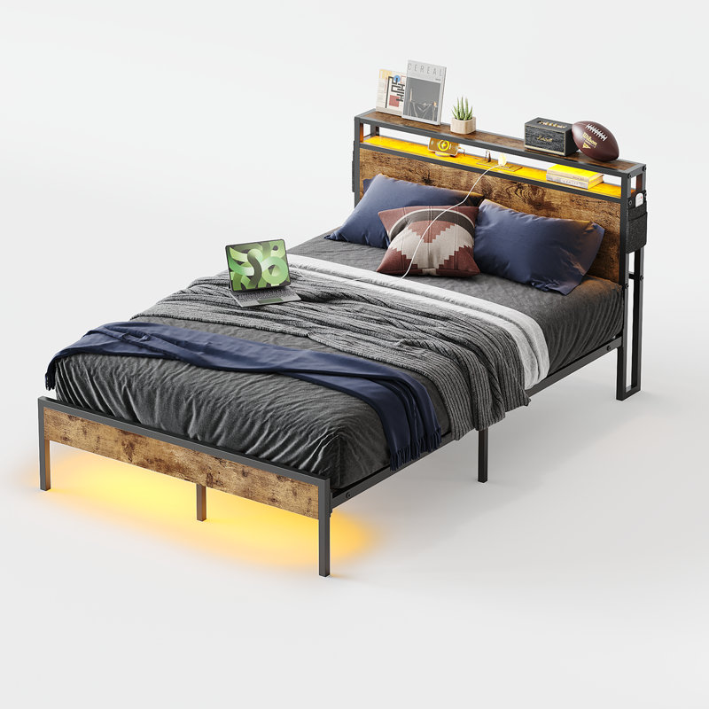 Full Size Metal Frame Bed with LED Storage Headboard