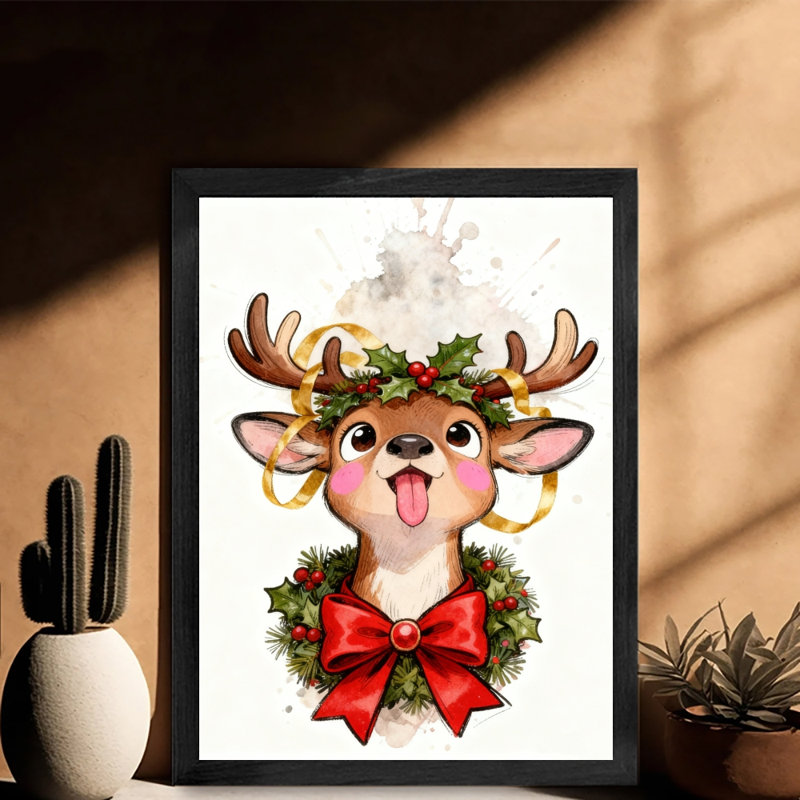 Reproduction d'art encadrée noire rétro Sweet Christmas Doe, H 25 po x l 17 po