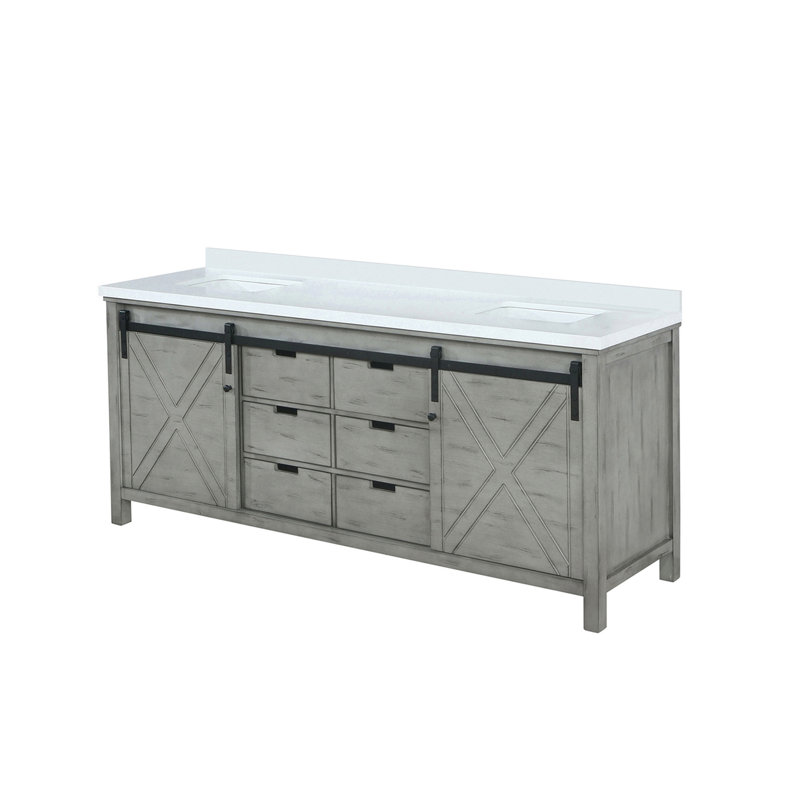 Meuble-lavabo double gris cendre 84 po X P 22 po D, avec comptoir en quartz blanc, Bois de frêne gris