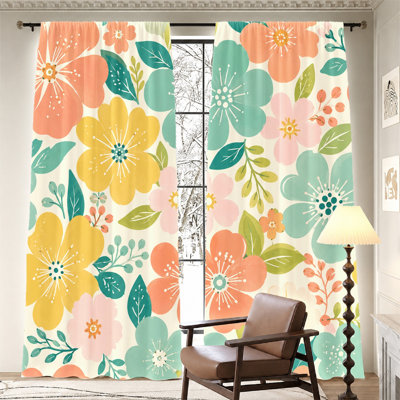 2 pièces de rideaux à imprimé floral éclatant, tissu filtrant la lumière, style bohémien rétro, parasol et protection de la vie privée, conception à passe-tringle, pour la décoration du salon, de la chambre à coucher et du balcon