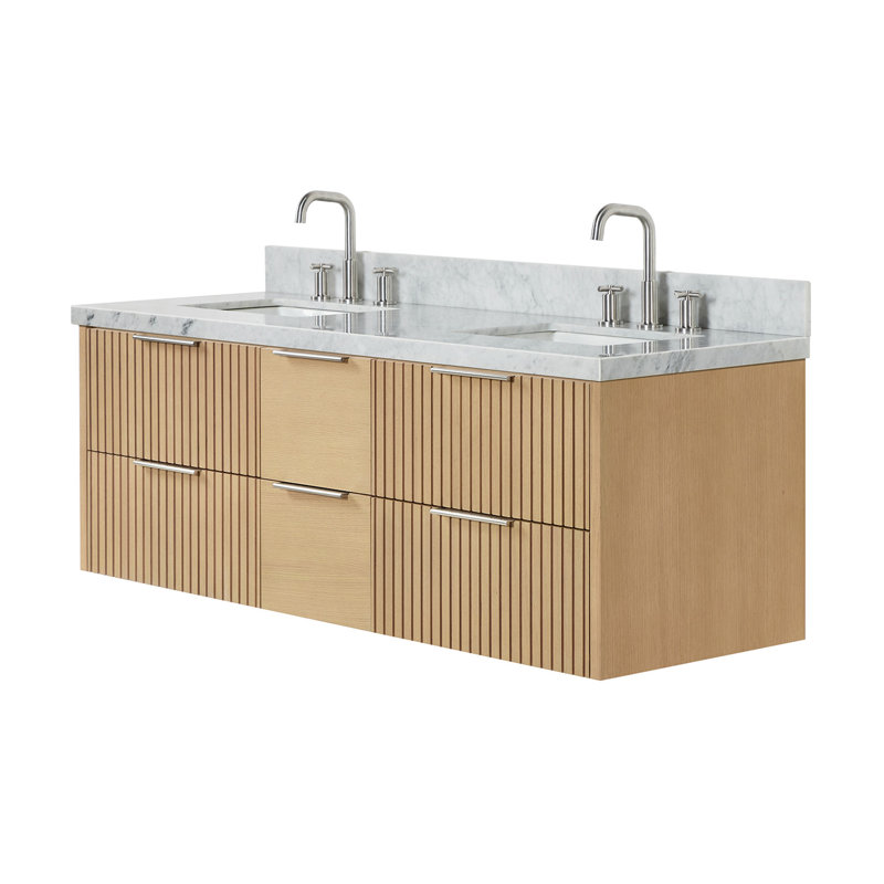 Meuble-lavabo mural double rectangulaire 61 po avec comptoir en marbre blanc Carrara de 1,5 po Mulloy, Rectangulaire
