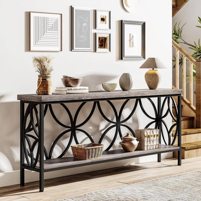 70.9” Extra Long Industrial Console Table, Narrow Sofa Table Behind Couch With Open Storage Shelves, Rustic Entryway Table For Hallway, Foyer, Or Living Room, Metal Frame, Vintage Grey