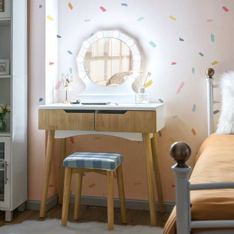 Dressing Table with Mirror, White/Natural