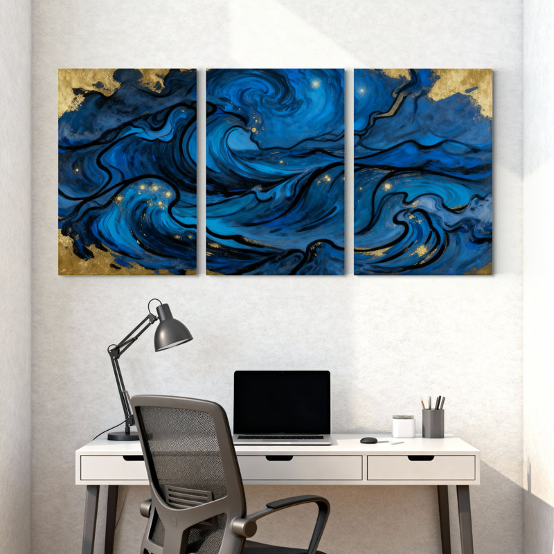 «Blue Waves Golden Accents», ensemble de 3 reproductions d'art sur toile, H 24 po x l 48 po