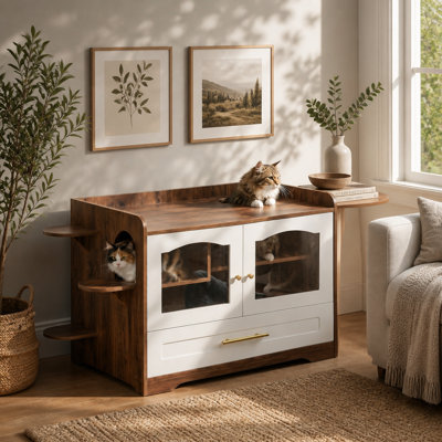 Meuble de litière pour chat, bac à litière caché à l'épreuve des chiens avec porte en acrylique, piste très longue et tiroir, aire de jeu pour chats d'intérieur