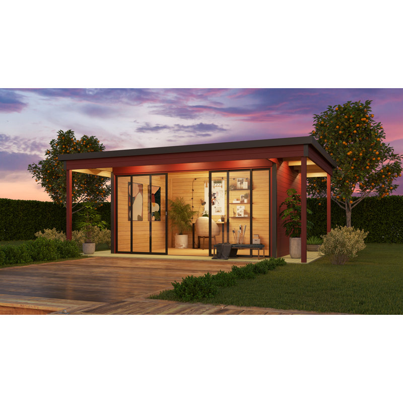 Lasita Domeo 4 Loggia - 19 x 13.5 Ft. Premium Log Cabin With Aluminium Sliding Doors (44mm), Brown
