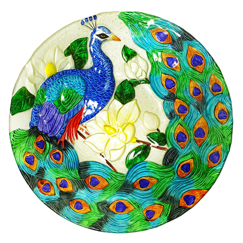 Assiette à paon en verre 18 po et bain d'oiseaux