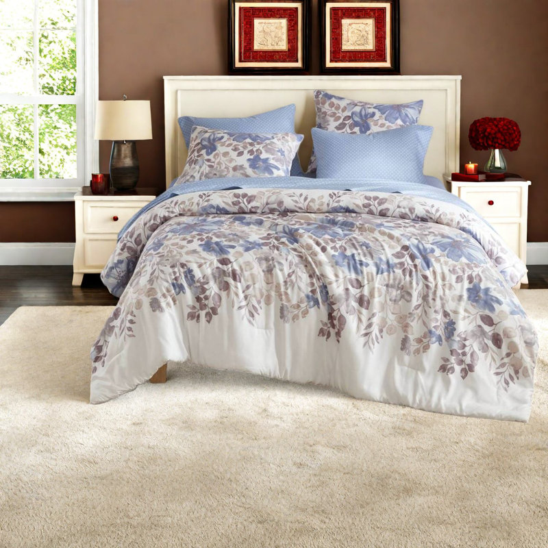 Comfortable Blue Floral Bedding Sets, Soft Microfiber Design For Twin Beds