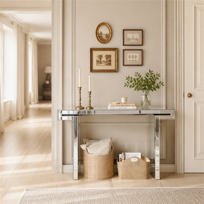 60 Inches Luxury Full-Length Mirror Console Table with Fluted Tempered Glass, Entryway Mirrored Sofa Table, Light Luxury Style, Scratch-Resistant, Reinforced Packaging