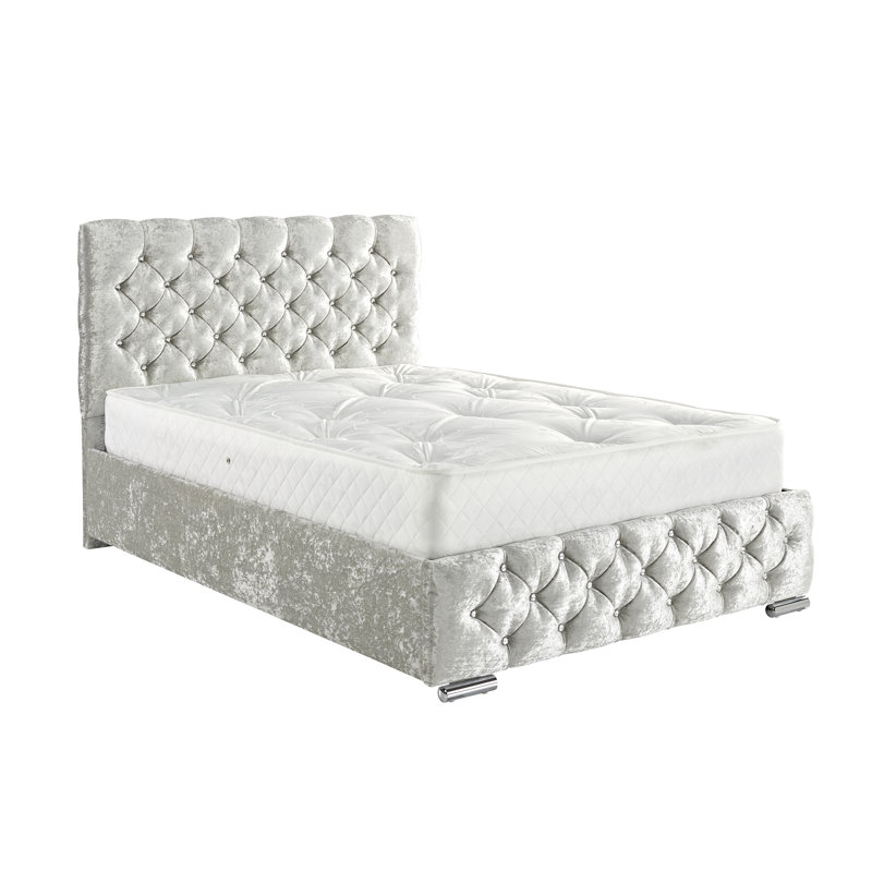 Terrence Upholstered Velvet Bed, Double (4'6), Bling Silver