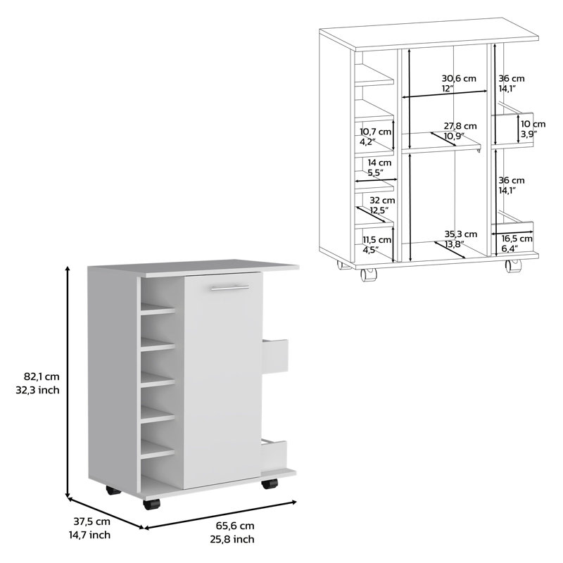 Selden Bar Cart with Casters, 6 Built-in Wine Racks, 2-side Open Shelves and Single-Door Cabinet, White