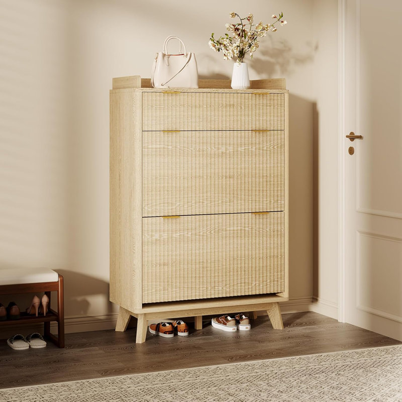 Fluted Shoe Storage Cabinet With 2 Flip Drawers, 48"H Freestanding Hidden Shoe Organizer, Narrow Shoe Rack Cabinet For Hallway Living Room, Oak