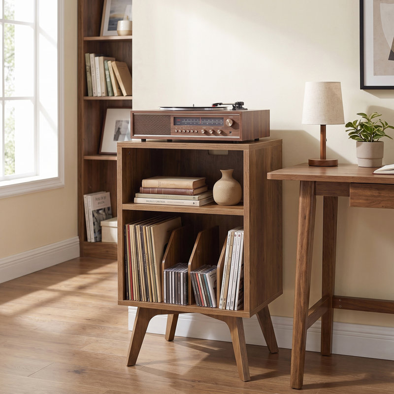Support pour tourne-disque, table d'appoint en vinyle de style Mid-Century pouvant contenir 160 albums, Brun miel