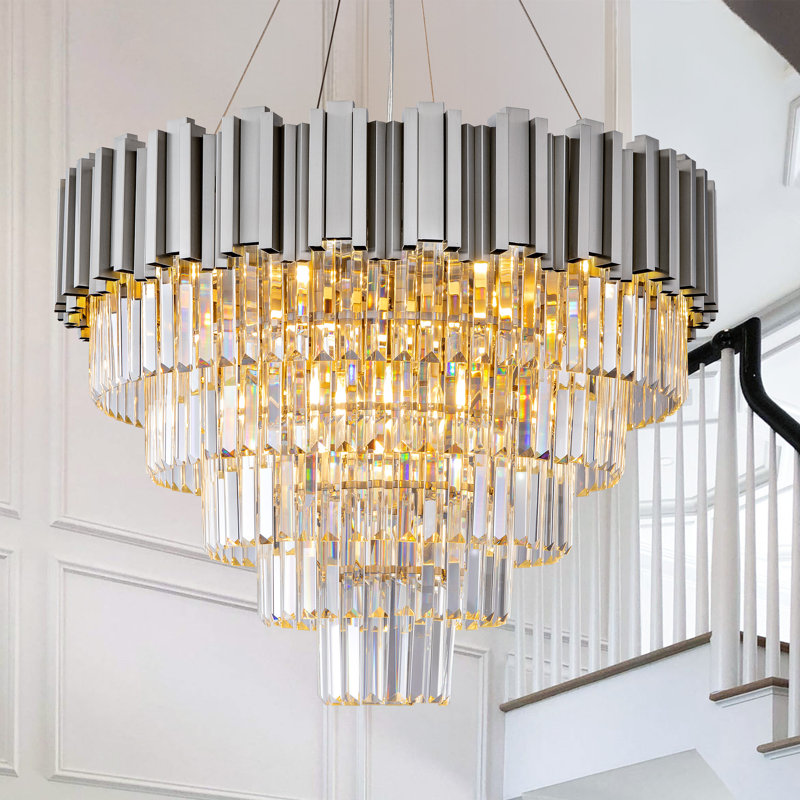 Lustre à plusieurs niveaux avec lumière en cristal, Argent argent, H 21,26 po x l 27,56 po x P 27,56 po, 9 lumières