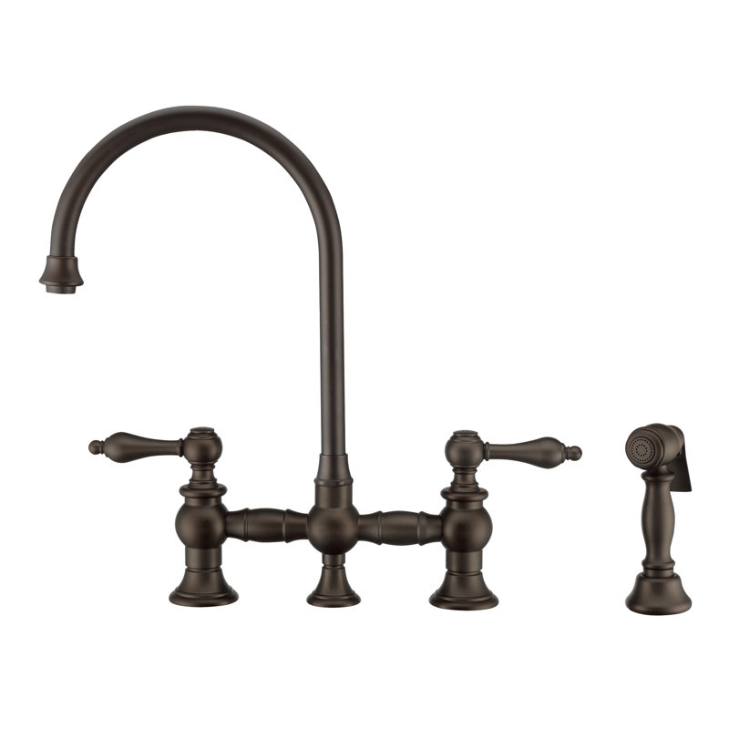 Whitehaus Collection Bridge Faucet with Long Gooseneck Swivel Spout, Lever Handles and Solid Brass Side Spray, Lever Handle