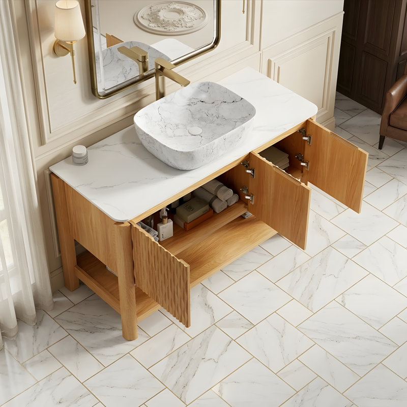 48" Bathroom Vanity&Sink, Freestanding Plywood Storage Cabinet with 3 Bamboo Texture Doors&Open Shelf, Marble Pattern Ceramic Vessel Basin&Carrara White Sintered Stone Top, Woodgrain Color
