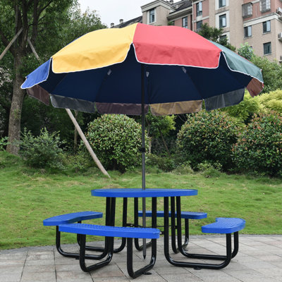 Table de pique-nique extérieure en acier bleu de 117 cm (46 po) avec support pour parasol, idéale pour les pique-niques, la pêche, le camping, avec trou métallique rond – Parfaite pour les événements festifs.