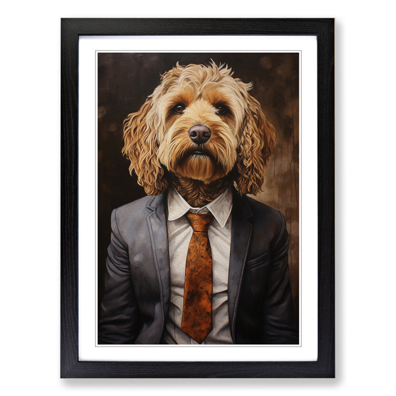Cockapoo In A Suit Painting No.4 - Single Picture Frame Print on Wood, 46cm H x 34cm W x 2cm D, Black Framed