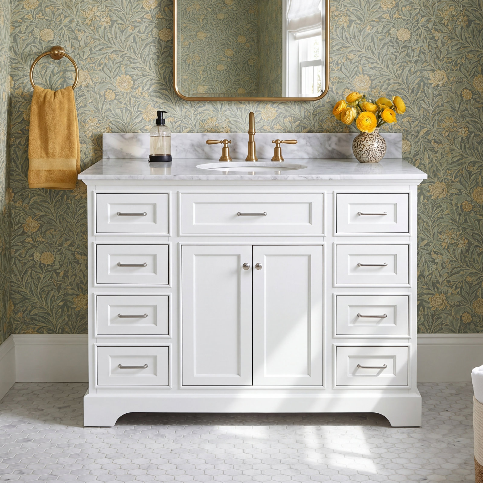 48 " Pine Single Bathroom Vanity, White, Carrara Marble