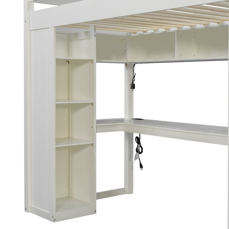 Lit mezzanine avec bureau éclairé, tiroirs de rangement, bibliothèque et station de charge, Twin, White