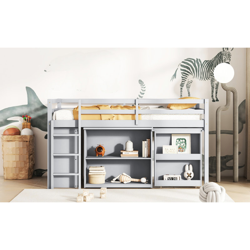 Lit mezzanine simple gris avec bureau polyvalent et bureau optimisé en bois d'hévéa, Gris