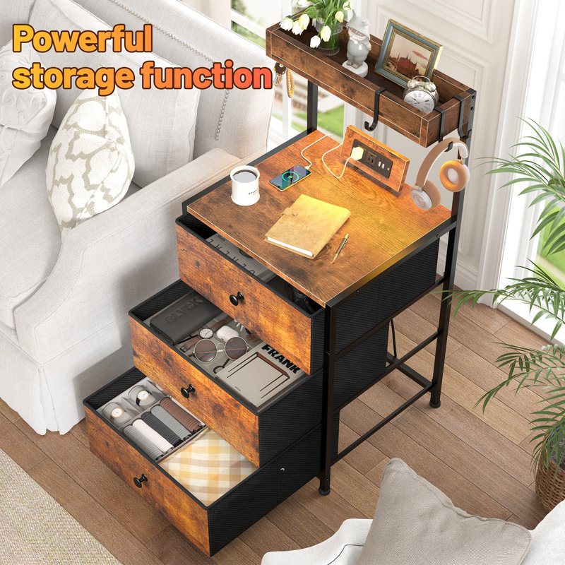 Tall Nightstand With Charging Station And Led Lights Nightstand With 3 Drawers And Shelves Bedside Table With Usb Ports And Outlets（set of 2）