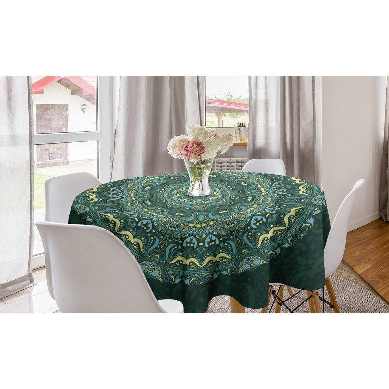 Ambesonne Mandala Round Tablecloth, Eastern Ancestral Circle Form With Swirling Leaves Revival Old Retro Design, Circle Table Cloth Cover For Dining Room Kitchen Decoration, 60", Teal