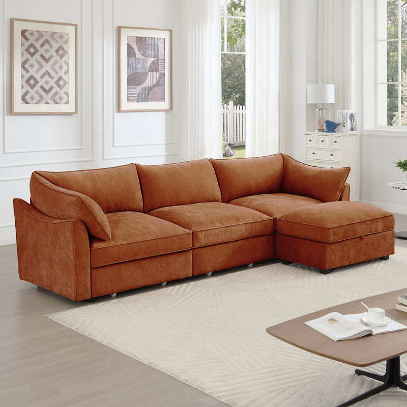 Canapé modulaire en L 3 places, canapé 3 places avec 1 repose-pieds mobile, accoudoirs en forme de croissant et coussins de dossier et d'accoudoirs enveloppants, doux, confortable, large et profond, orange chenille