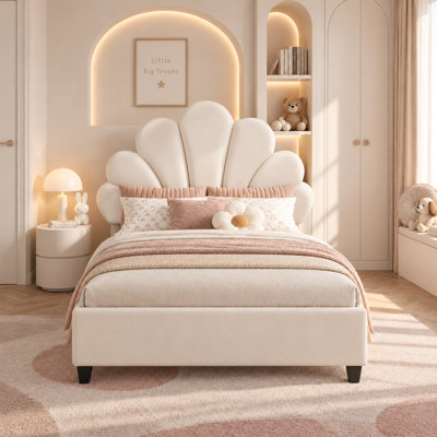 3ft Single Bed, Upholstered Bed with Adjustable Petal Headboard, Child's Girl's Bed