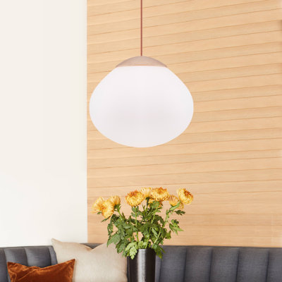 12.6" Modern Farmhouse Wood Pendant Light with Hand-Blown Glass Shade - Adjustable Height 13" to 92" - ETL Listed - Perfect for Kitchen Island, Dining Room, Entryway
