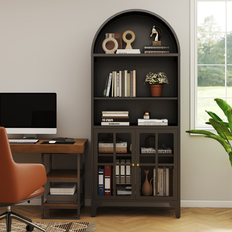 73.6" Arched Metal Storage Display Cabinet with Adjustable Shelves and Glass Doors, Black