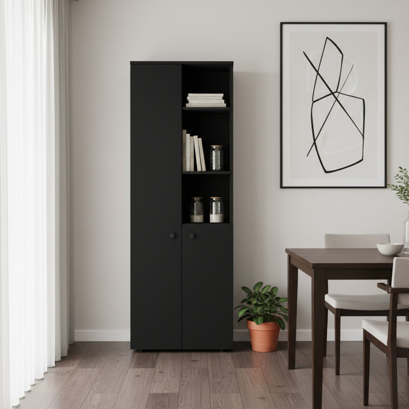 Garde-manger 67 po à deux portes en bois noir avec rangement