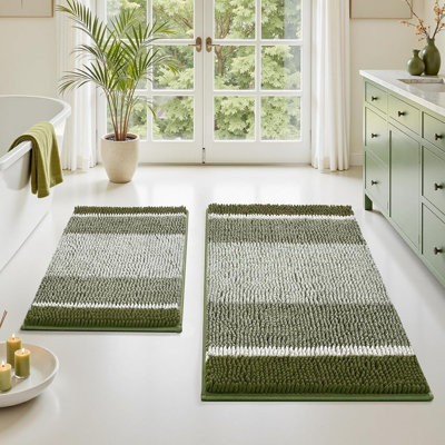 Sage Green Bathroom Rugs Set 2 Piece, Thick Absorbent Fluffy Striped Chenille Bath Rugs, Non-Slip, Soft Shaggy Bath Mats