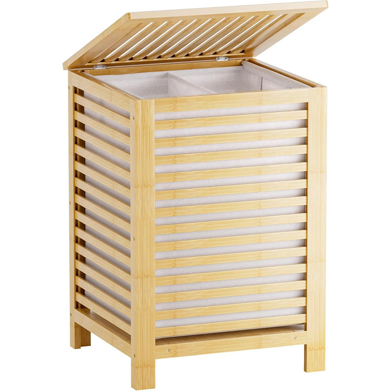 Double Laundry Hamper With Lid And Removable Liner Bag, 2-Section Bamboo Laundry Basket For Organized Sorting In Laundry Room, Bathroom, Or Bedroom