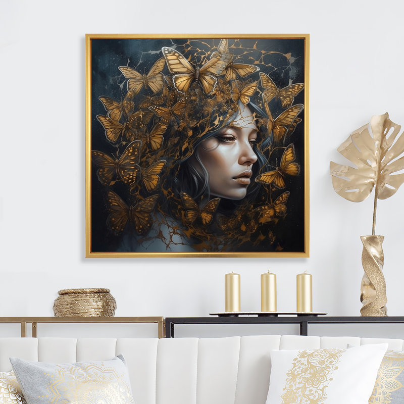 «Femelle Golden Butterflies II», impression sur toile, H 16 po x l 16 po x P 1 po, Cadre flottant doré