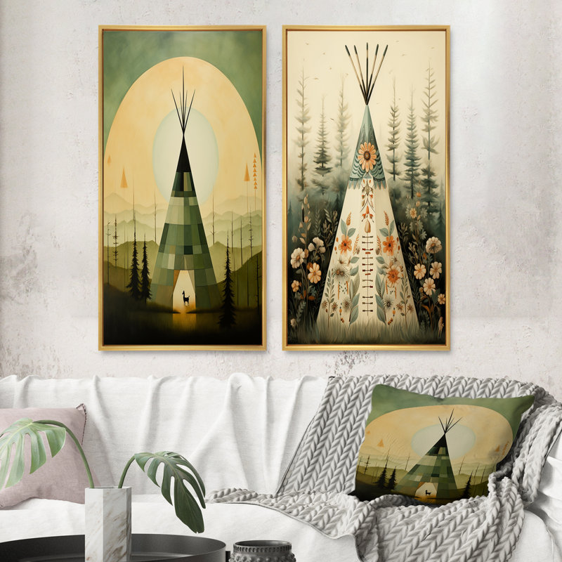 «Green Native Tipi Serenity In Nature», 2 pièces sur toile, Encadrement doré, H 32 po x l 32 po