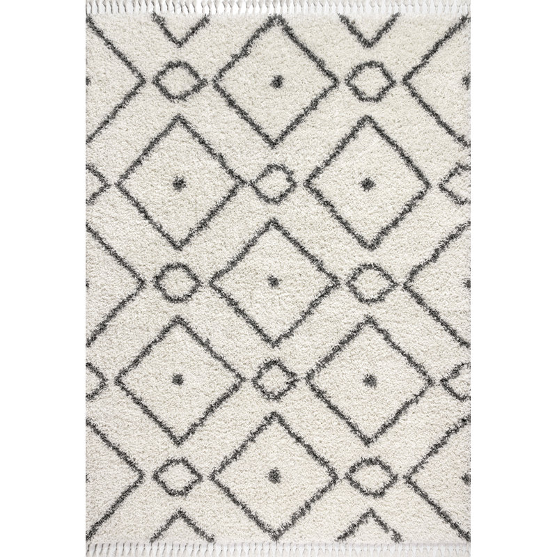 Howardville Shag Plush Tassel Moroccan Diamond Cream/Gray Rug, Rectangle 3'1" x 5'