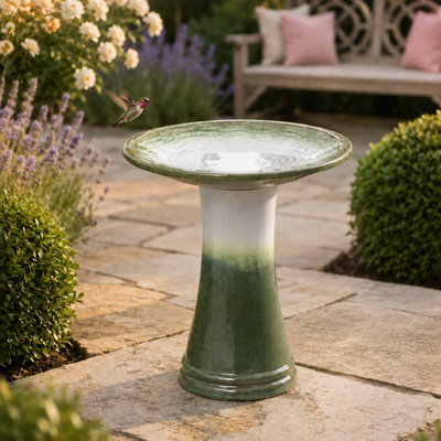 Bain d'oiseaux pour l'extérieur mdj pottery, bain d'oiseaux sur piédestal en céramique de 18 po de hauteur avec motif ondulé, bol pour bain d'oiseaux sur pied de 17 po de large pour l'extérieur, jardin, patio, décoration de jardin - vert