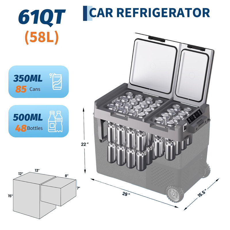 Réfrigérateur de voiture 61QT (58L) à deux zones, congélateur à compresseur portatif, refroidisseur électrique avec contrôle de température de 4 ° F à 68 ° F, réfrigérateur portable 12 / 24V avec affichage LCD