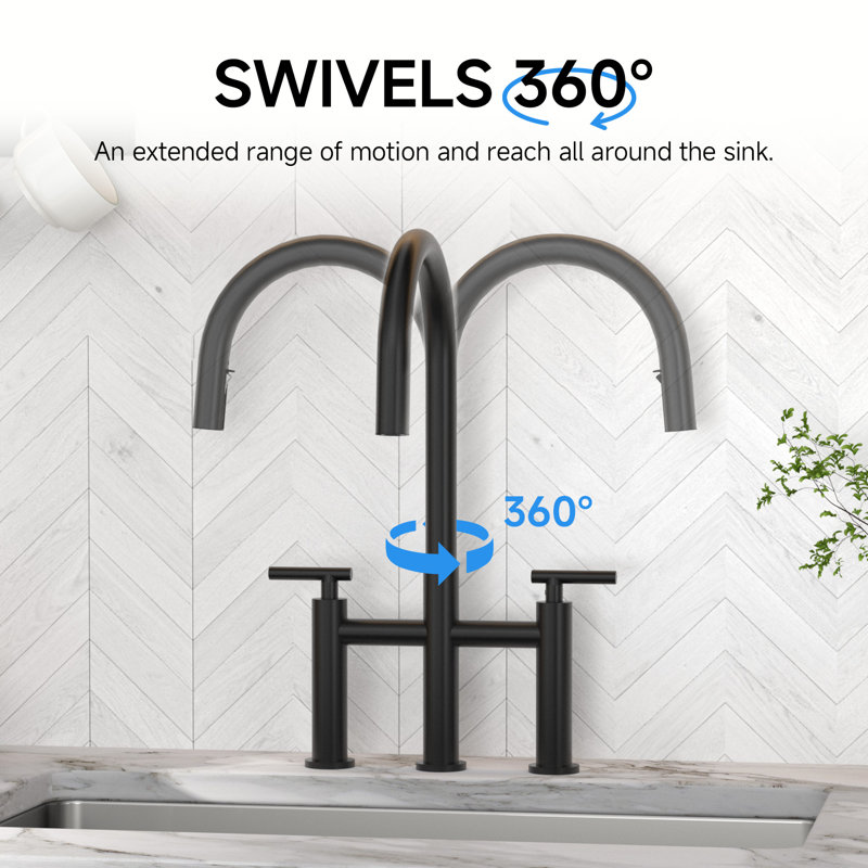 Bridge Kitchen Faucet with Hidden Pull Down Sprayer, 3 Hole 8 Inch Kitchen Sink Faucet, Solid Brass, Matte Black, Matte Black