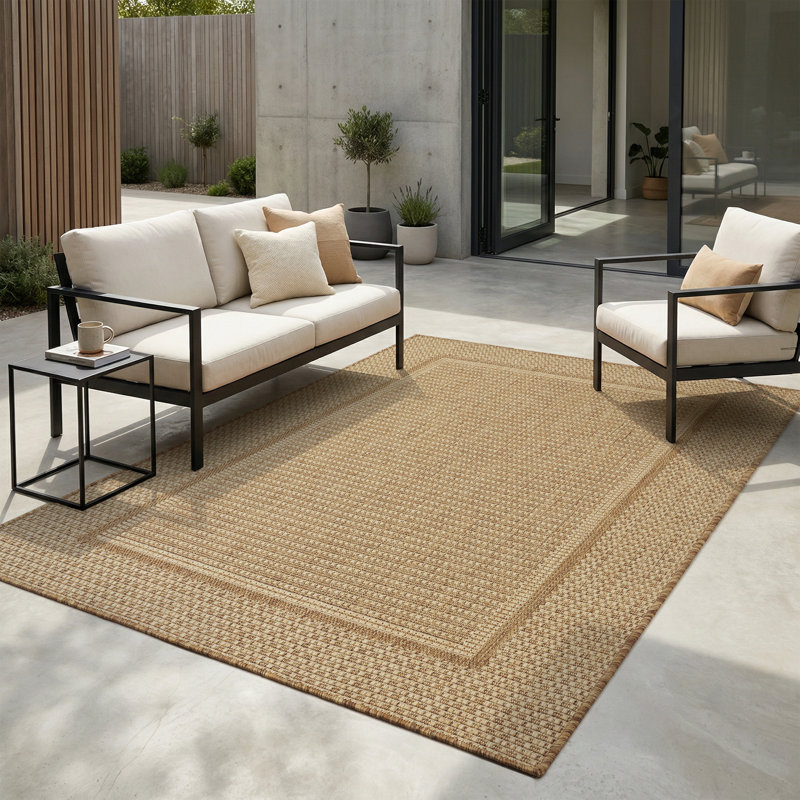 Tapis d'intérieur / extérieur géométrique beige / brun résistant aux rayons UV, Rectangle 5 pi x 7 pi