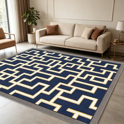 Tapis de labyrinthe bleu marine marine pour le salon, doux et confortable, adapté à toutes les saisons, facile à entretenir, tapis de sol intérieur lavable à la machine, sous la table de ferme convenant à la chambre à coucher, à la salle à manger, au bureau, au patio, au balcon, à la décoration intérieure