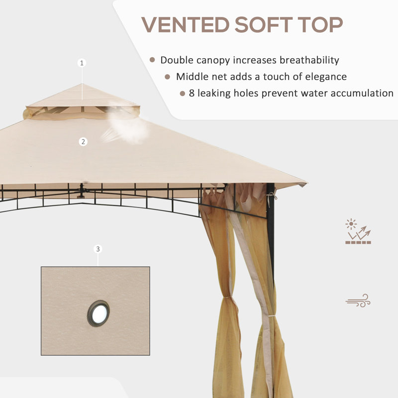 Beige Outdoor Patio Gazebo Canopy Tent with Mesh Sidewalls