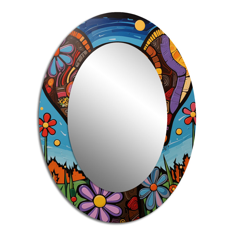 Geometric Multicolor Flower Dog Portrait - Animals Oval Decorative Mirror On Metal, 40" x 30"