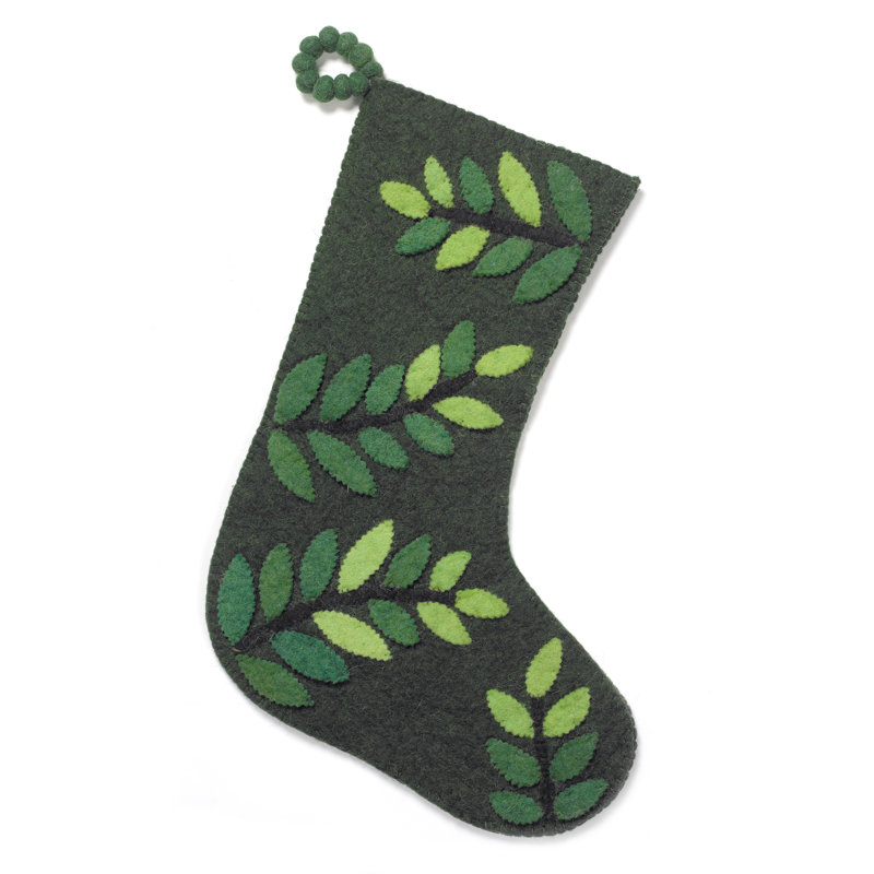 Chaussette de Noël en laine feutrée à la main - feuilles sur fond vert